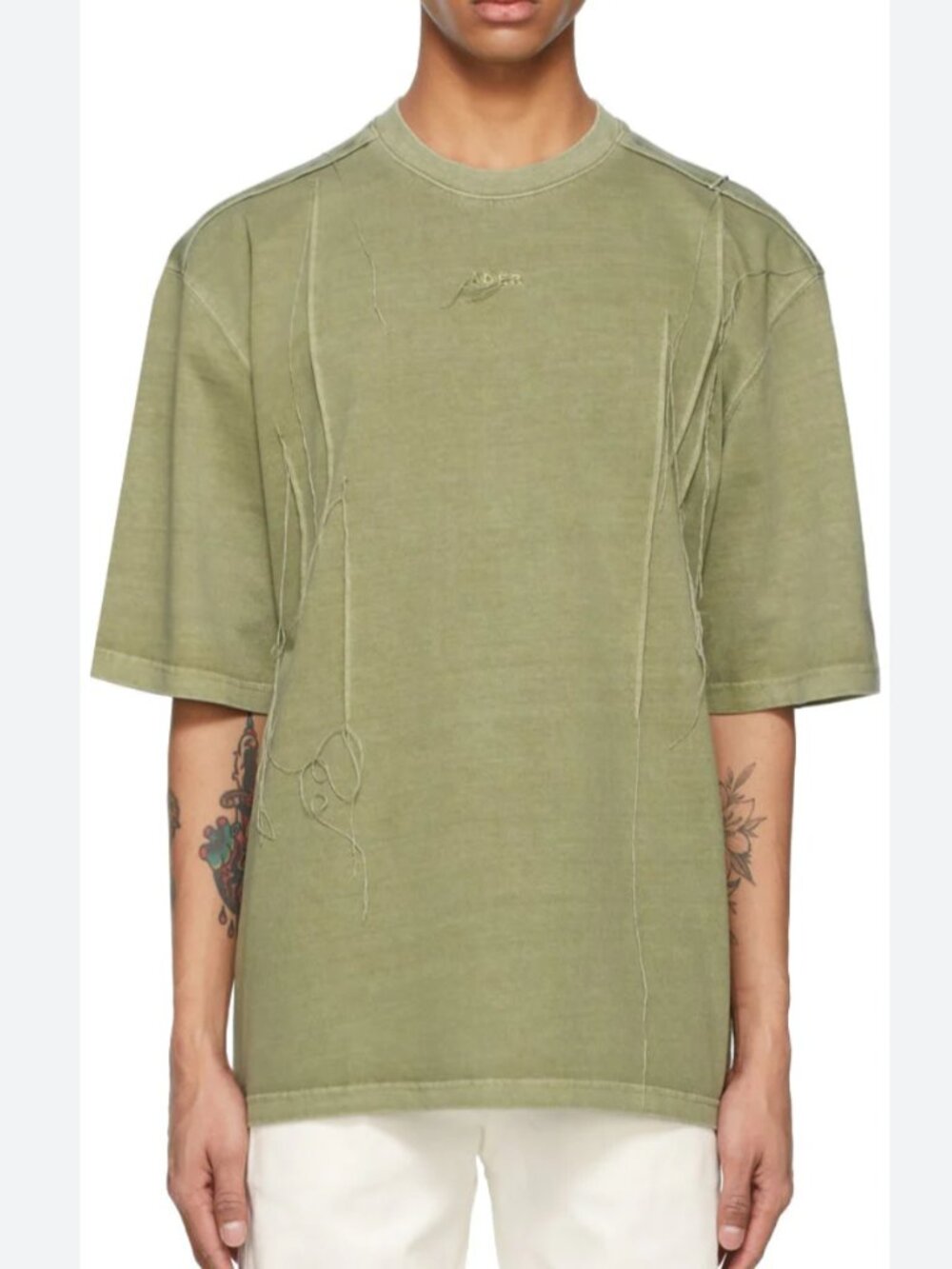 ADER error Khaki Needle Logo T-Shirt Sz Medium (A2) Distressed Threads Oversized